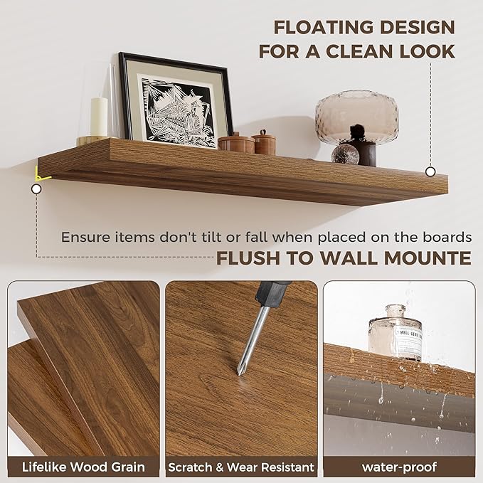 Fun Memories 12 Deep Floating Shelves for Wall, 48W x 12D Extra Large Floating Shelves Set of 2, Hanging Wood Wall Shelves for Living Room, Kitchen, Bedroom, Farmhouse, Laundry Room, Office - Walnut
