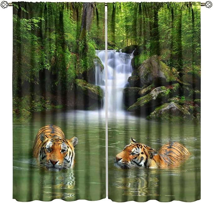 Forest Waterfall Landscape Blackout Window Curtains, Animals Tigers Waterfall Woodland Natural Window Drapes, for Living Room Bedroom 52" W X 84" L