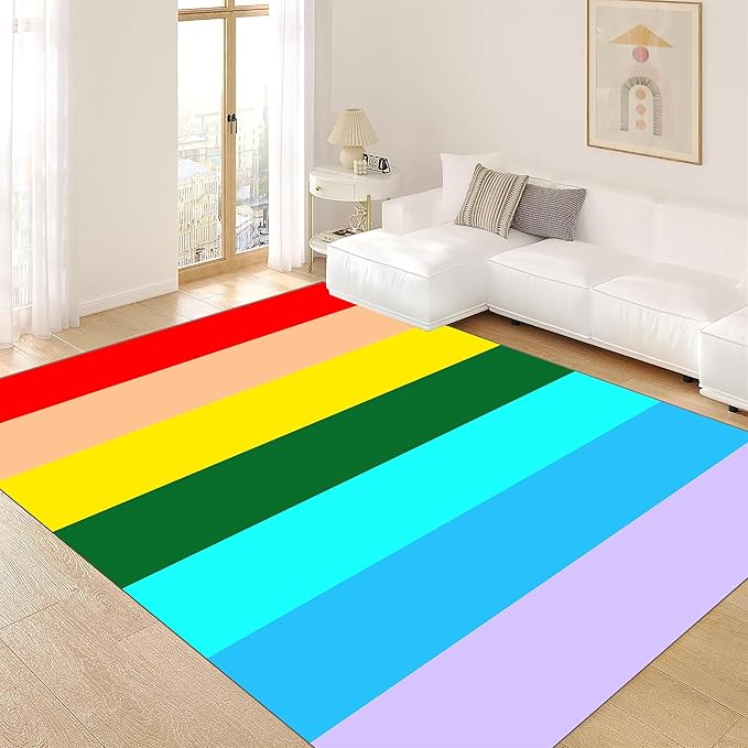 Soft Rainbow Area Rugs Girl's Bedroom Fluffy Colorful Rugs Furry Kids Play Mats Simple Rainbow Line Print Living Room Kids Room Nursery Home Decor 2x5ft