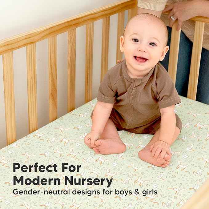 2-Pack Waterproof Baby Crib Sheets for Boys, Girls - 52x28 Viscose Derived from Bamboo Toddler Bed Sheet Neutral, Fitted Crib Mattress Protector Cover for Baby Bedding, Soft & Gentle (Foxtrot)
