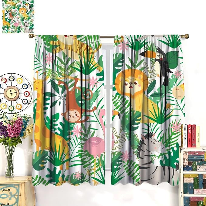 Jungle Animals Curtains Cartoon Cute Lion Giraffe Monkey Zebra Woodland Art Printed for Children Girls Boys Bedroom Nursery Rod Pocket Decoration Window Drapes 2 Panels W26xL84in