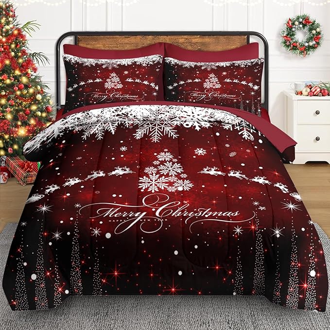 7 Pcs Full Size Christmas Comforter Set with 2 Pillowcases & 2 Shams, Dark Red Winter Snowflake Bedding for Kids and Adults, Merry Xmas Bed in a Bag with Flat Fitted Sheet