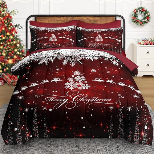 5 Pcs Twin Size Christmas Comforter Set with Pillowcase & Sham, Dark Red Winter Snowflake Bedding for Kids and Adults, Merry Xmas Bed in a Bag with Flat Fitted Sheet