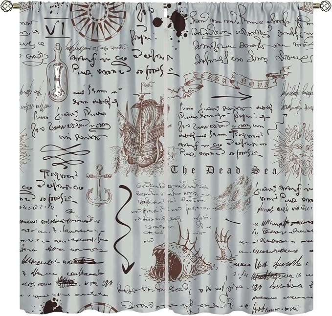 Nautical Theme Window Draperies, Pirate Sailboat Curtains for Bedroom & Living Room, Ocean Window Treatment - Starfish Print, 2 Panel Set, 84x84 Inches