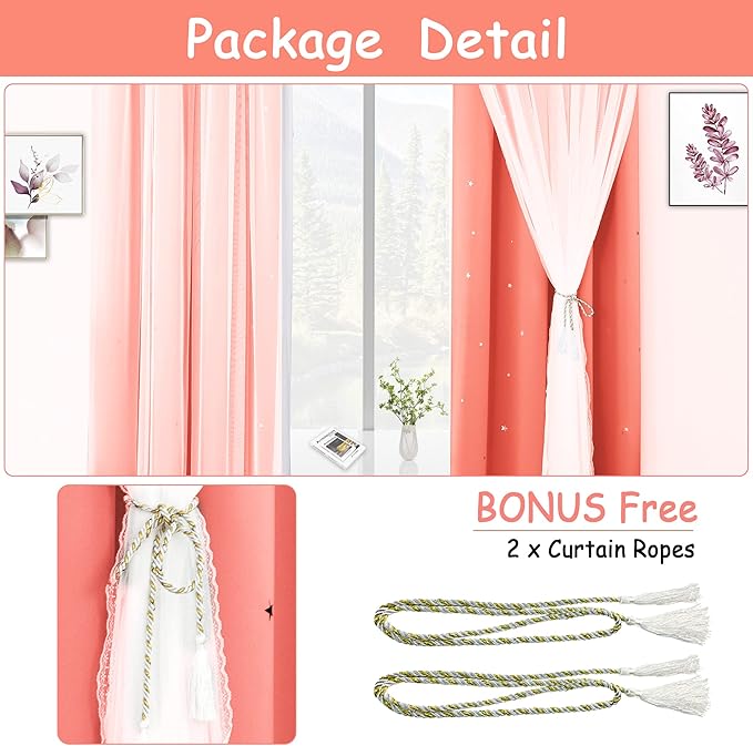 Kinryb Princess Small Curtains for Girls Bedroom with Sheer Overlay,Double Layer Curtain for Living Room with Star Cutout, Curtains for Kids Room (52 W*45 L Inches,2 Pcs Coral)