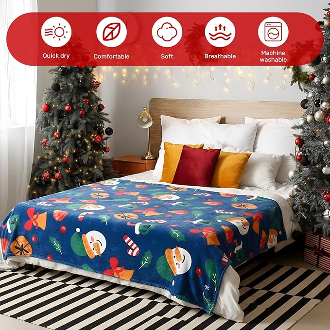 Buryeah 4 Pack Queen Size Christmas Throw Blankets Bulk for Sofa Bed Couch Snowman Igloo Santa Claus Bells Xmas Tree Soft Cozy Christmas Plush Flannel Blanket Home Decor Xmas Supplies, 60 x 80 Inches