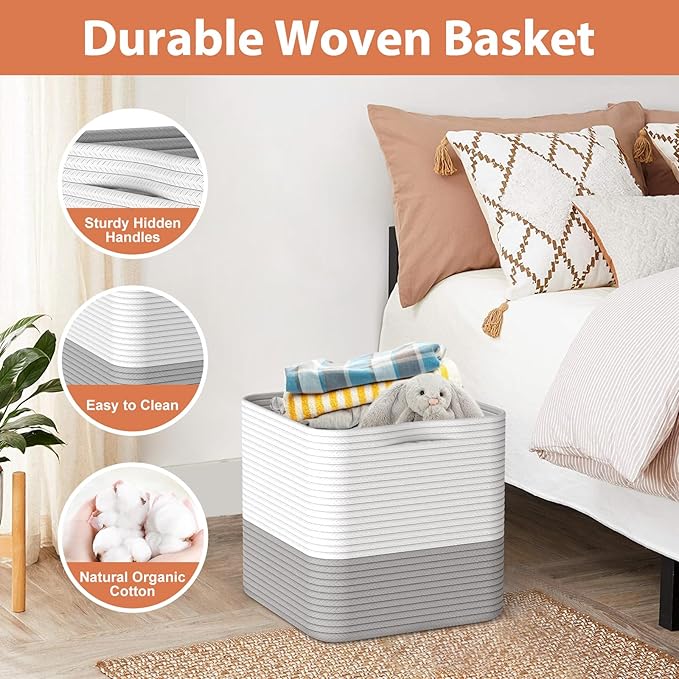 Storage Cotton Cube 11 Inch, Woven Cotton Rope Storage Basket for Toys Blanket Organizing, Storage Bin Decorative Organizer with Handles for Living Room Laundry Room Closet (1 Pack, Grey)