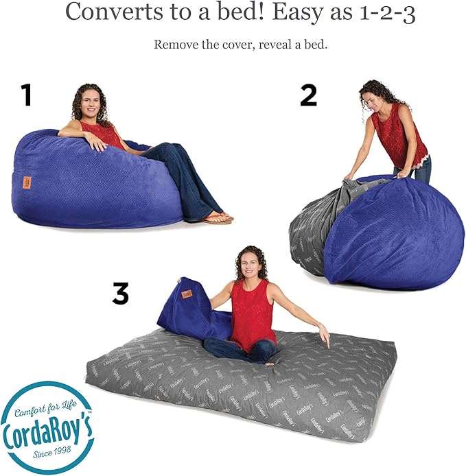 CordaRoy's Chenille Bean Bag-Convertible Bean Bag Chair-Machine-Washable Chenille Fabric Cover-for Basement,Living Room,Game Room,Dorm & More - Queen Size - Navy | Made in The USA