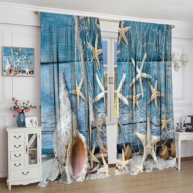 Marine Life Blackout Curtains Watercolor Water Grass Shell Print Curtains for Living Room Bedroom Privacy Curtains 42x63 Inches