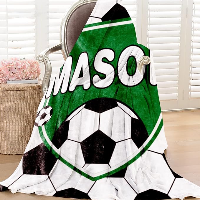 Custom Soccer Blanket with Name for Boys, Personalized Name Blanket for Kids, Soft Flannel Soccer Customized Gift for Birthday Christmas Baby Shower Children Day 40"x50"