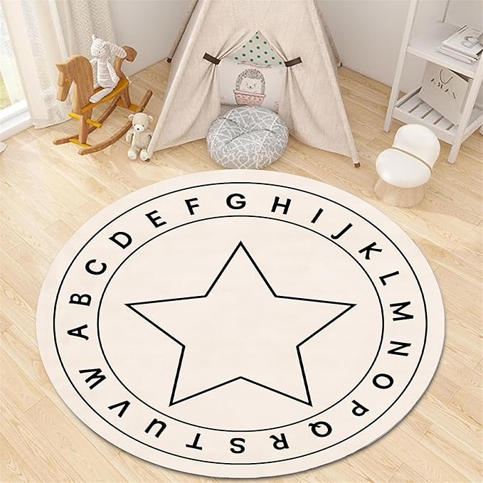 Abc Round Children's Rug,3.3ft,Children's Educational Learning Area Rug, Cartoon Star Print Soft and Fluffy Rug, Suitable for Nursery, Classroom, Playroom Boys and Girls Bedroom Game Decoration