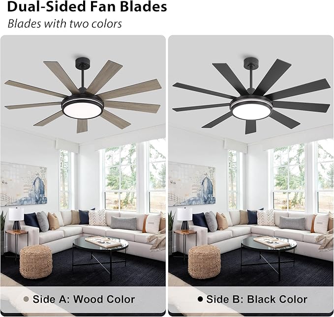 WINGBO 60" Ceiling Fan with Light - Large LED Dimmable Light, 6-Speed Remote Control, Reversible DC Motor, Modern Ceiling Fan 9 Blades for Bedroom, Living Room, Indoor Outdoor Black and Driftwood