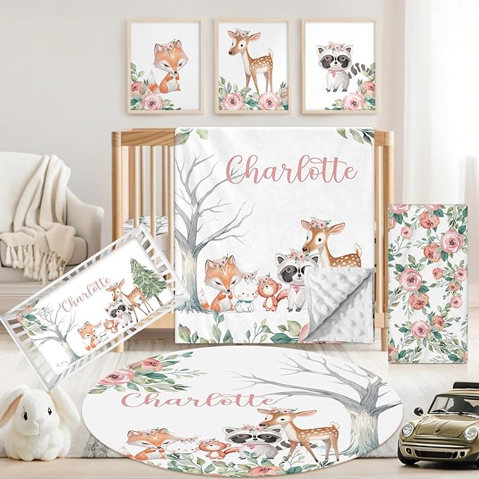 Personalized Baby Crib Bedding Set, 5 Pcs Custom Name Nursery Bedding Set for Girls Boys, Pink Forest Animals Baby Crib Set for Toddlers Infants, Double Layer Bedding Crib Sets Customized Gifts