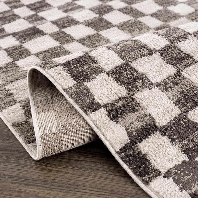 Hauteloom Benjy Living Room, Checkered Bedroom Area Rug - Farmhouse - Cream, Charcoal - 5'3" x 7'
