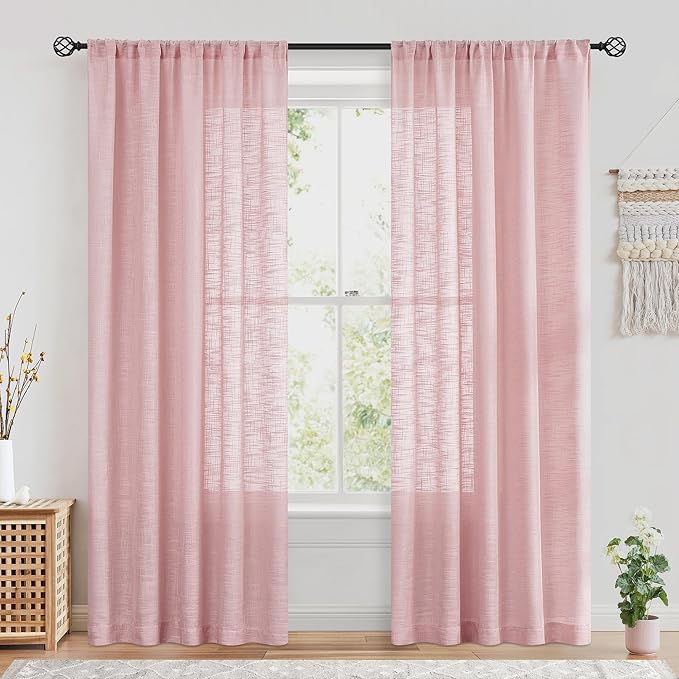 FMFUNCTEX Linen Semi Sheer Pink Curtains for Bedroom Living Room, Blush Pink Curtains 96 Inches Long Sheer Linen Textured Window Drapes Farmhouse Light Filtering 2 Panels Rod Pocket
