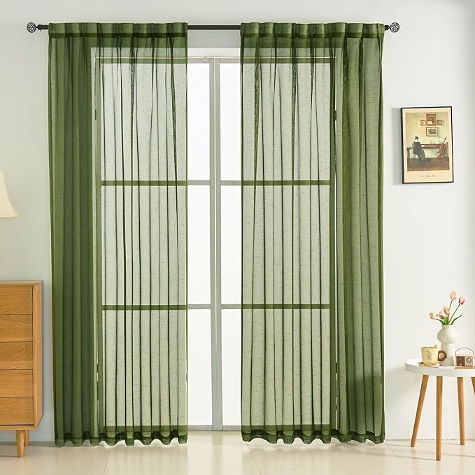 Dark Green Linen Look Pinch Pleated Sheer Curtains 90 Inches Long 2 Panels, 50 Inches Width, Rustic Textured Light Filtering Drapes, Olive Window Curtain with Hooks