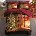7 Pcs Full Size Christmas Comforter Set with 2 Pillowcases & 2 Shams, Vintage Fireplace Tree Bedding for Kids and Adults, Winter Holiday Red Socks Bed in a Bag with Flat Fitted Sheet