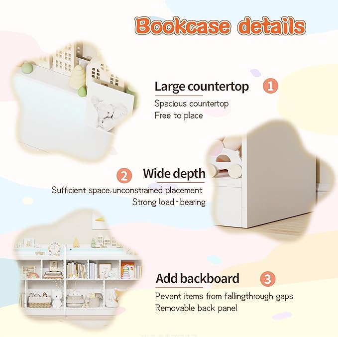 Lkeiyay Open Shelf Kids Bookcase，Montessori Toy Organizer with LED Lights - White Wooden Open Bookcase for Kids, Bedroom, Back to School，Playrooms & Nurseries
