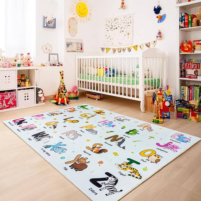 Kids Rugs for Playroom, 7x9 Feet Educational Rug for Learn The ABC Alphabet, Soft Machine Washable Non-Slip Cute Cartoon Animals Carpet for Classroom Toddler Nursery Kids Room Decor, Blue