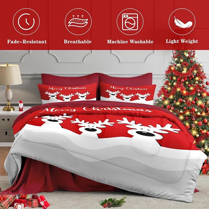 7 Pcs Full Size Christmas Comforter Set with 2 Pillowcases & 2 Shams, Cute Cartoon Reindeer Bedding for Kids and Adults, Winter Merry Xmas Bed in a Bag with Flat Fitted Sheet