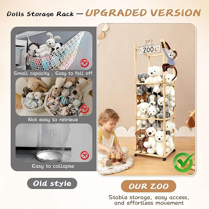 Wooden Stuffed Animal Storage Zoo Organizer - Large Capacity Plushies Holder with Elastic Cords for Stuffed Animals Storage in Playroom, Bedroom and Nursery