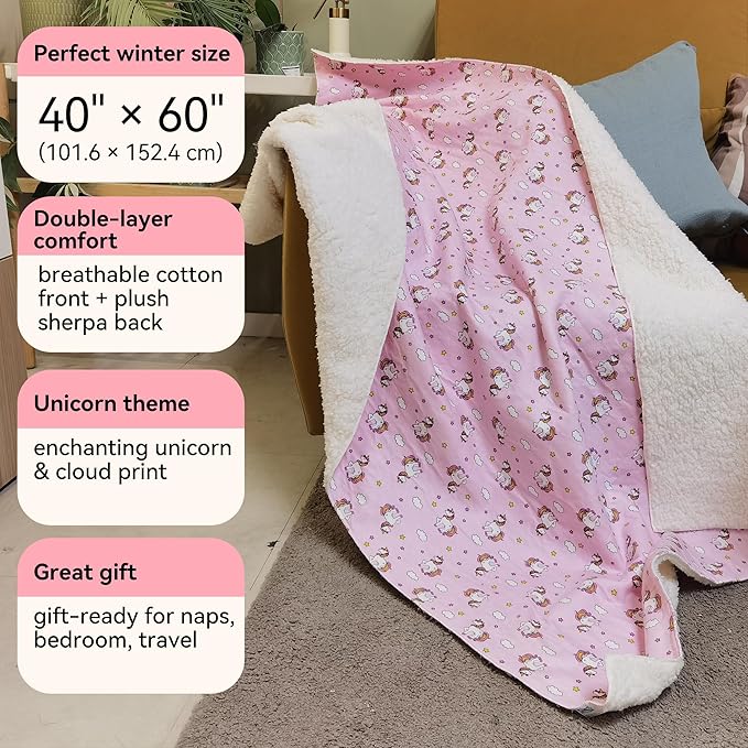 Kids Sherpa Throw Blanket – Soft Cotton & Warm Sherpa Toddler Blanket, Pink Unicorn & Clouds Pattern, Plush Winter Bed Throw, 40 x 60 inches