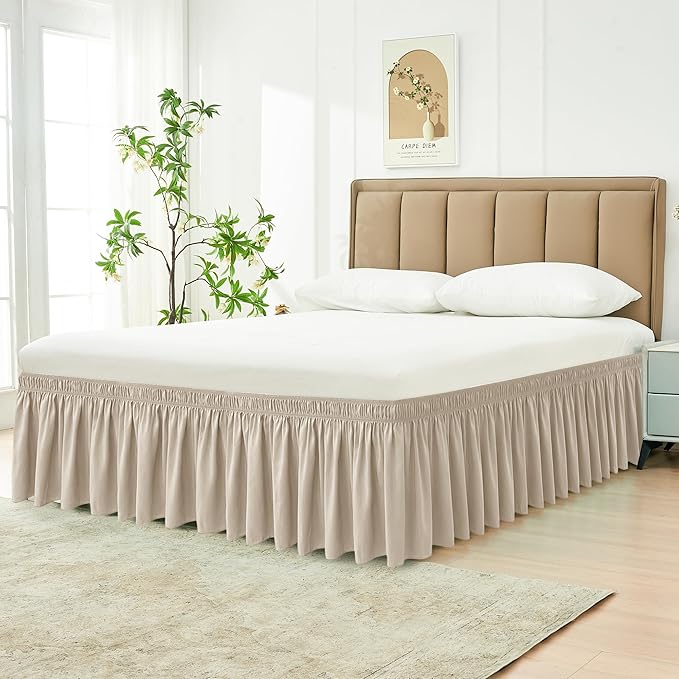 Biscaynebay Wrap Around Bed Skirts for King & Cal King Beds 17" Long Drop, Light Camel Adjustable Elastic Dust Ruffles Easy Fit Wrinkle & Fade Resistant Silky Luxurious Fabric Solid Machine Washable