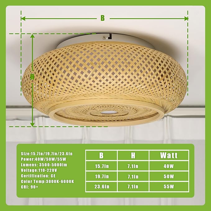 19.7 in Bamboo Woven Rattan-Style Ceiling Light, Boho Ceiling Light Fixture with Remote, LED Dimmable Ceiling Light, Boho Light Fixture for Bedroom Living Room Dining Room Light