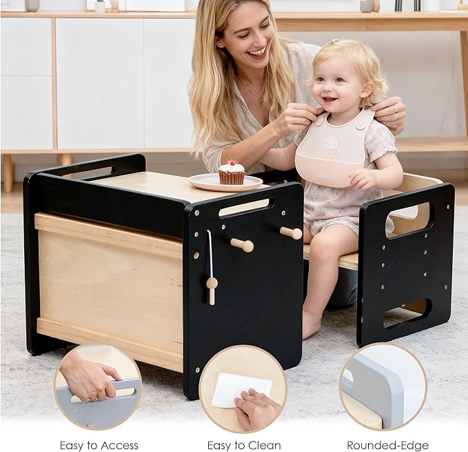 Montessori Weaning Table and Chair Set - Adjustable Design for Toddlers, Ideal for Mealtime, Learning, and Play, Black