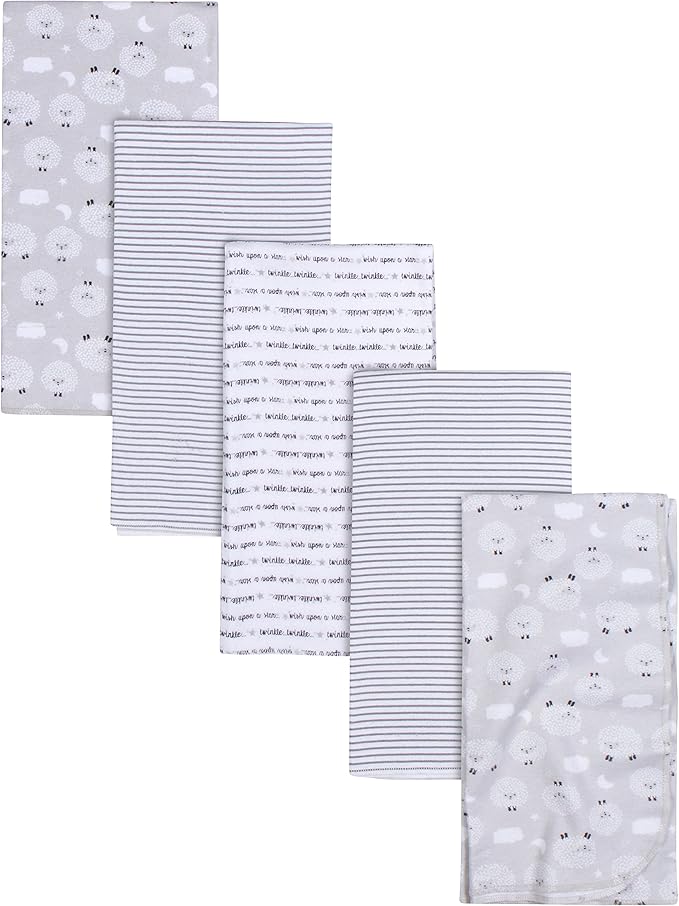Gerber Boys and Girls Newborn Infant Baby Toddler Nursery 100% Cotton Flannel Receiving Swaddle Blanket, Sheep Grey, Pack of 5