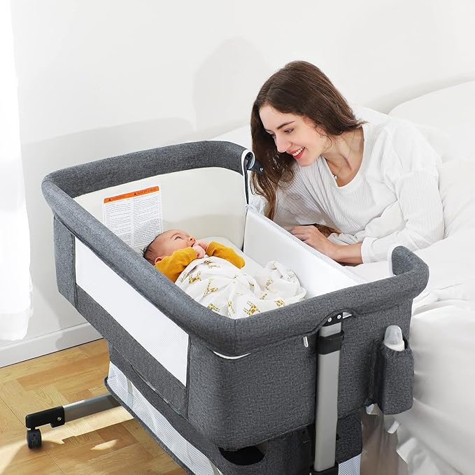 Ihoming Baby Bassinet Bedside Sleeper, Baby Bed Side Crib with Storage Basket, Easy Folding Bassinets, Adjustable Baby Bed for Infant Newborn, Gray
