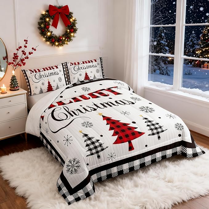 Merry Christmas New Year Kids Comforter Set King Size,Snowflake Pine Trees Bedding,Girls Boys Adults Bedroom/Xmas Cabin Decor,Grids Geometric Fashion Down Comforter,Rustic Duvet Insert,2 Pillowcases