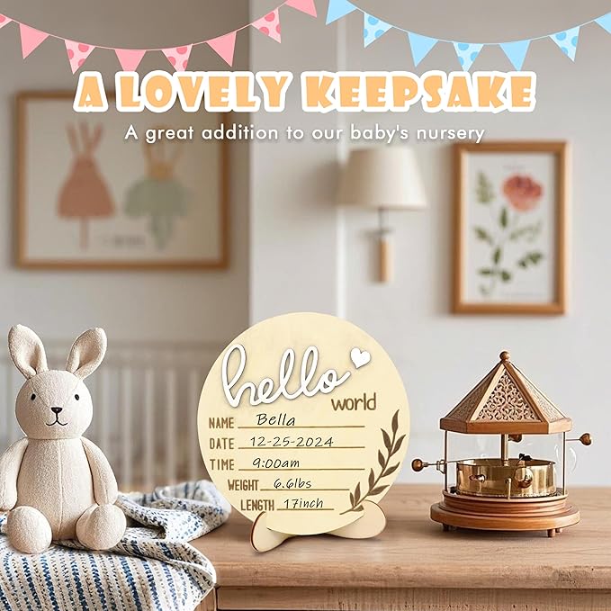 Baby Announcement Sign, Gender Reveal for Welcome Baby 3PCS Its a Boy/Girl and Hello World Newborn Sign Board Wooden Birth Name Announcement Plaque and Pen for Hospital Shower Party Photo Props