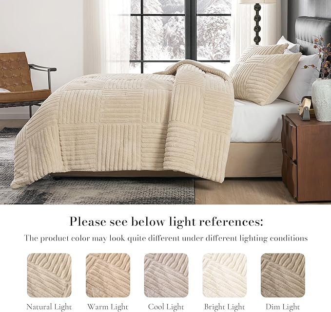Amélie Home Queen Comforter Set with Stripe Jacquard Design in Khaki, Super Warm Fluffy Plush Bedding Set for Winter, 3 Pieces Including 1 Soft Comforter and 2 Pillowcases