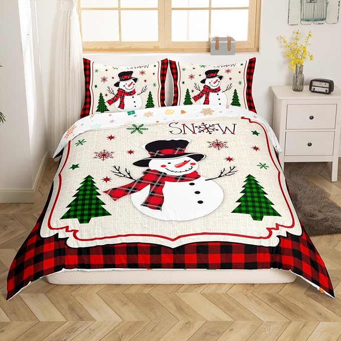 Manfei Cute Snowman Duvet Cover Set King Size, Xmas Trees Snowflake Comforter Cover with 2 Pillowcases, Christmas Theme Red Plaid Bedding Set 3pcs for Kids Girls New Year Bedspread Cover,No Comforter