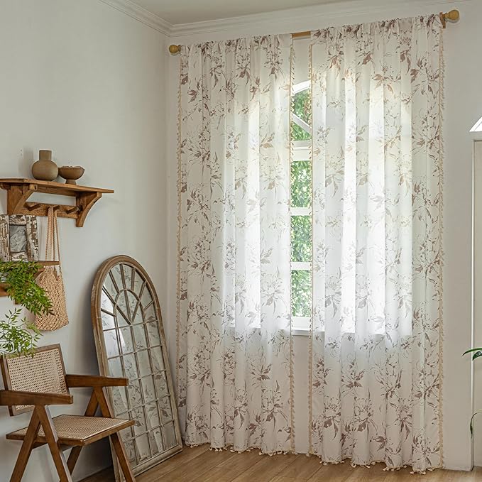 ENJOYBRIDAL Floral 84 Inch Curtains for Bedroom Cute Drapes Boho Semi Sheer Living Room Retro Window Curtain Panels Floor Length Light Filtering Farmhouse Rod Pocket 2 Panels Window Treatments