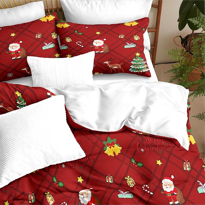 Christmas Duvet Cover King Size Red Gingham Christmas Bedding Set 3 Pieces Kids Boys Girls Xmas Grid Checked Cartoon Deer Pattern Comforter Cover with Zipper Closure