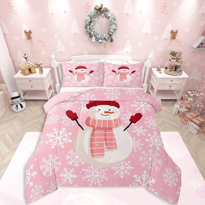 Feelyou Christmas Bedding Set Soft for Boys Girls, Snowman Pink Comforter Set Queen Size Xmas Snowflakes Duvet Quilt Microfiber Winter Snow Bedroom Decor 3 Pcs with 2 Pillow Cases