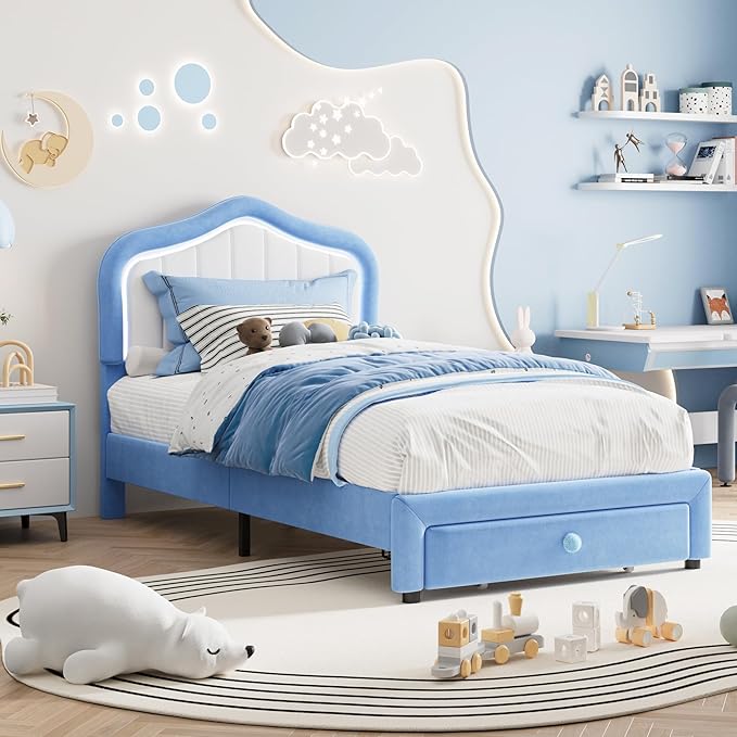 GarveeHome Twin Upholstered Bed Frame with Storage Drawer and Smart Led Headboard, Twin Size Platform Bed Frames for Kids, Wooden Slats Support, No Box Spring Needed, Easy Assembly, Blue
