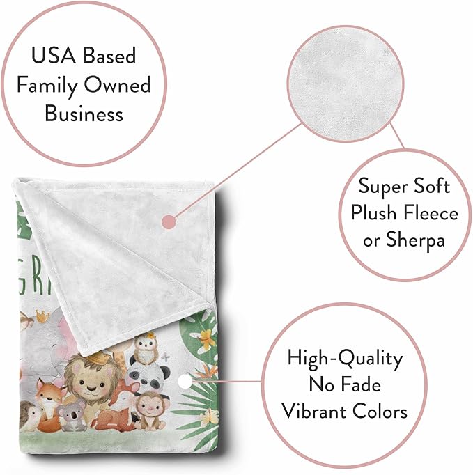 Personalized Baby Blankets with Name | Custom Animal Newborn Blanket for Baby Girl and Baby Boy | Unisex Warm Soft Sherpa Swaddle Blanket Minky | (Group Animals, Sherpa 60"x80")
