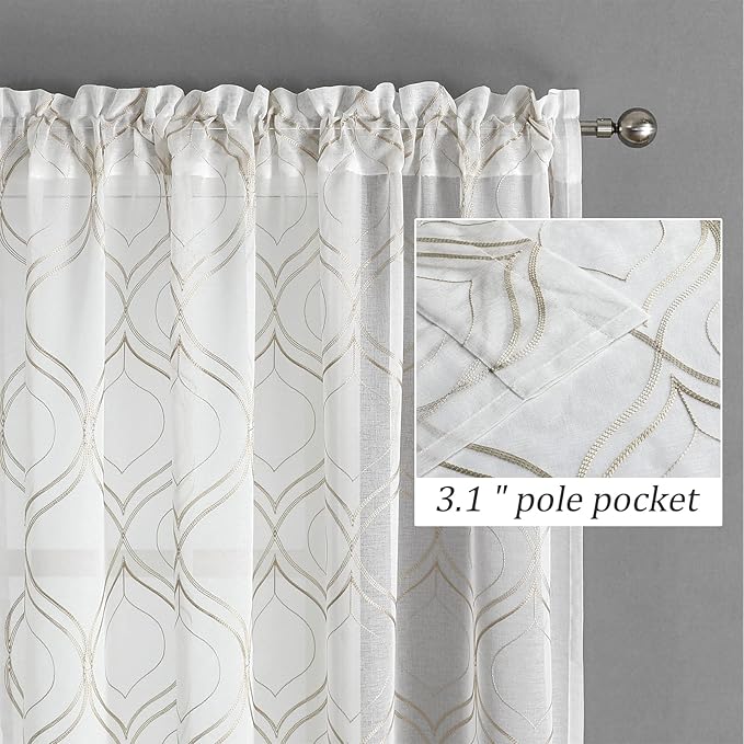 VISIONTEX White Sheer Curtains 72 Inches Long 2 Panels Set Brown Moroccan Embroidered Curtains Trellis French Textured Rod Pocket Voile Tulle Semi Window Drapes for Bedroom Living Room 54 x 72 Inches