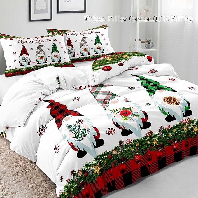LUVIVIHOME 3PCS Christmas Gnome Duvet Cover King, Christmas Bedding, White Duvet Cover, Holiday New Year Santa Claus Snowflake Black Red Checkered Buffalo Plaid Comforter Quilt Cover, 2 Pillow Cases