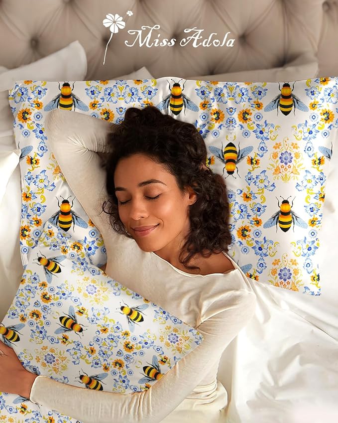 Silk Pillowcase 2 Pack - Cute Pillow Cases 20" x 26" Standard Size Set of 2 for Hair and Skin Smooth Soft Breathable with Hidden Zipper Cooling Pillow Covers for Sleeping, Flower Bee