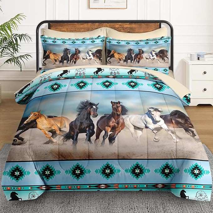 7 Pcs Full Size Comforter Set with 2 Pillowcases & 2 Shams, Horses Western Bedding for Kids and Adults, Tribal Sunset Run Bed in a Bag with Flat Fitted Sheet