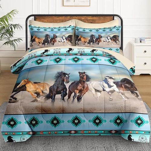 7 Pcs King Size Comforter Set with 2 Pillowcases & 2 Shams, Horses Western Bedding for Kids and Adults, Tribal Sunset Run Bed in a Bag with Flat Fitted Sheet