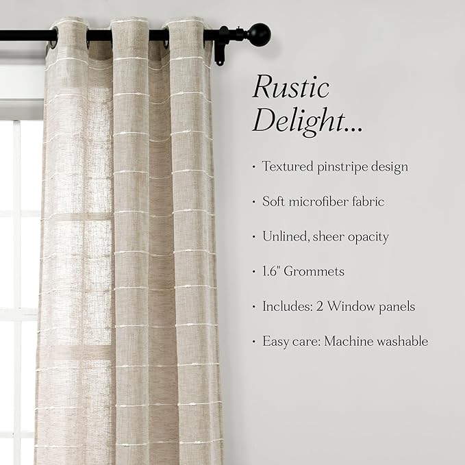 Lush Decor Farmhouse Textured Grommet Sheer Window Curtain Panel Pair, 38"W x 84"L, Neutral