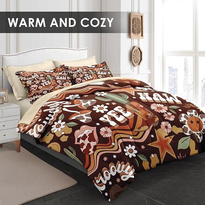 7 Pcs Full Size Comforter Set with 2 Pillowcases & 2 Shams, Western Hippie Cowgirl Bedding for Kids and Adults, West Boho Cowboy Bed in a Bag with Flat Fitted Sheet