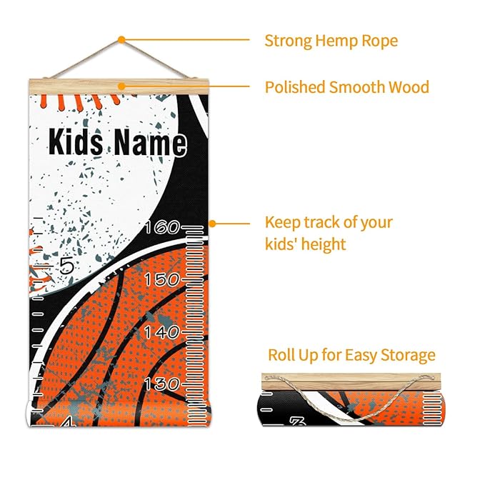 Personalized Kids Name Growth Chart Ruler for Wall Wood Frame Height Measure Chart 13.4x56 in Linen Hanging Height Growth Chart Balls Kids Room Decor