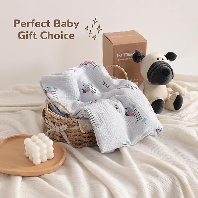 NTBAY 2 Layer Muslin Cotton Baby Swaddle Blanket, 42x60 Soft and Breathable Receiving for Newborns and Infants, Perfect for Crib, Stroller, Travel, Lightweight Nursery Blanket, Striped Dog
