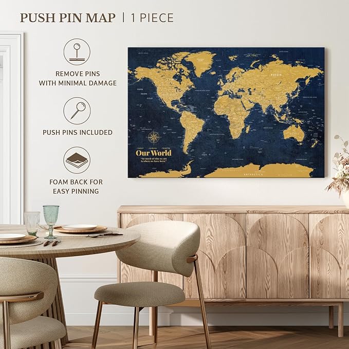 ElephantStock - Personalized Push Pin World Map - Gold Wall Art - Horizontal Canvas Wall Art - Living Room Wall Decor - Digital Art Map Canvas Art - Orange And Blue Decor - 51" x 34"